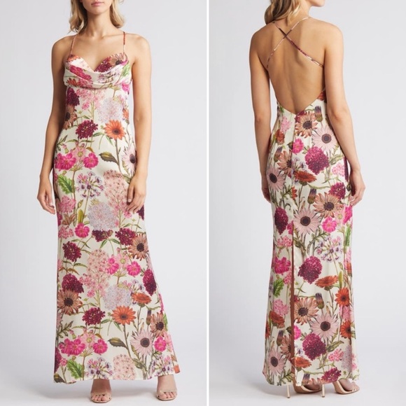 Katie May Dresses & Skirts - NWT Katie May Tara Gown Cowl Neck Pink Daisy Floral Maxi Dress size XL $288 MSRP
